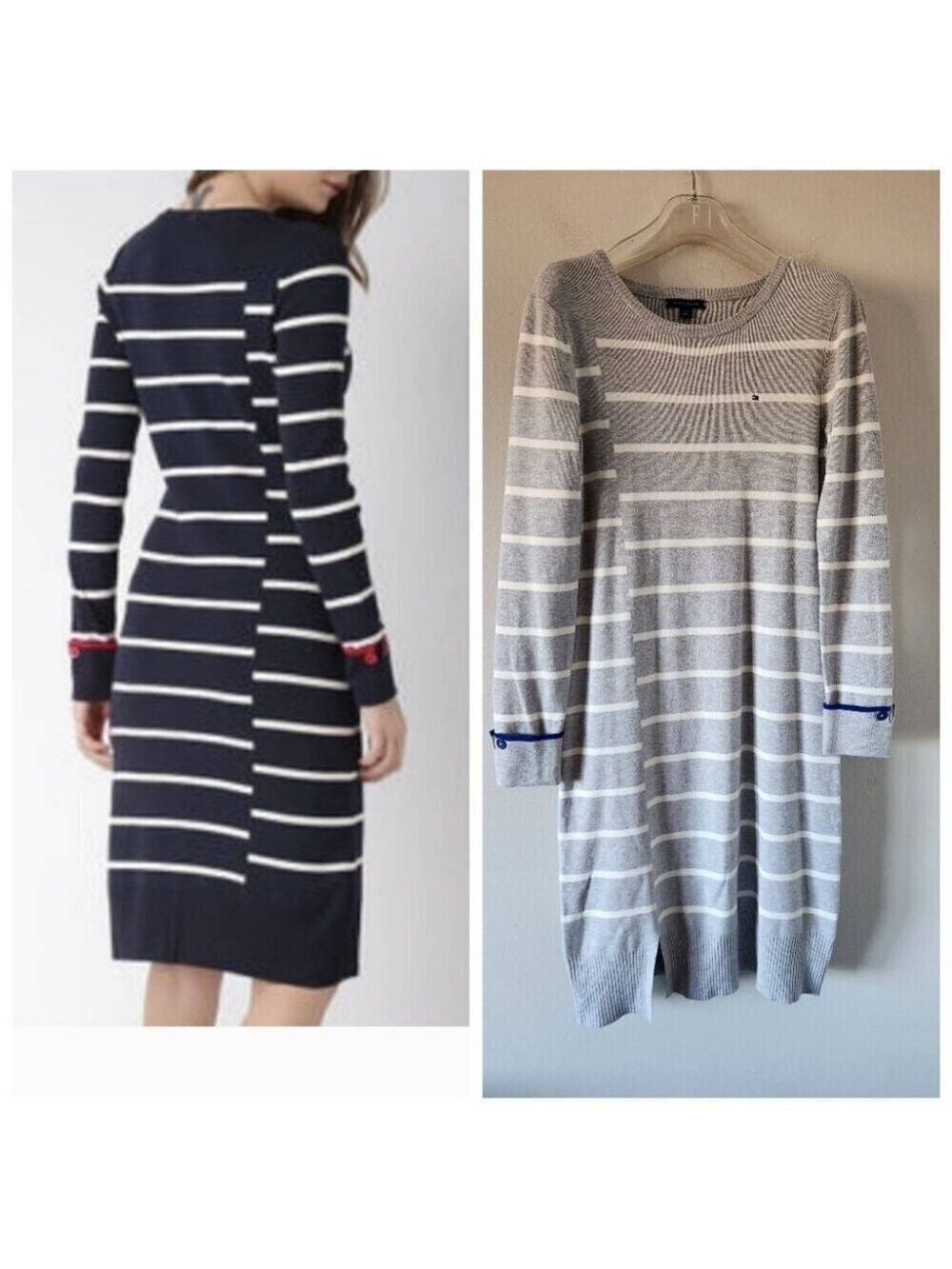 TOMMY HILFIGER | Striped Sweater Dress Nautical Slit Gray Sz MEDIUM